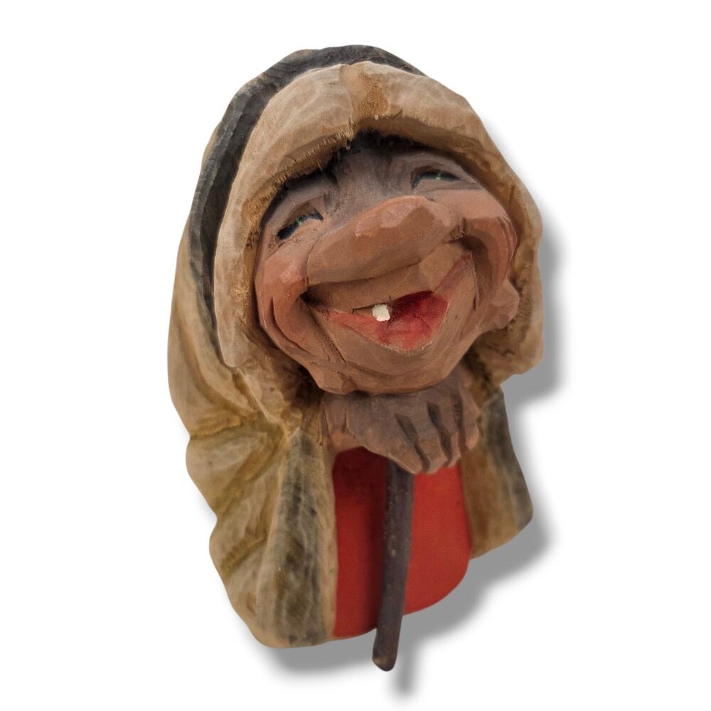 Vintage Henning Engelsen Troll Hand Carved Old Woman Norwegian Wood Carving 6.5"